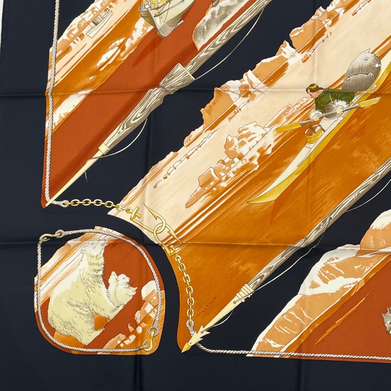 Hermes Carre 90 1982 Gronland Greenland Eskimo Dog Sled Silk Scarf Black