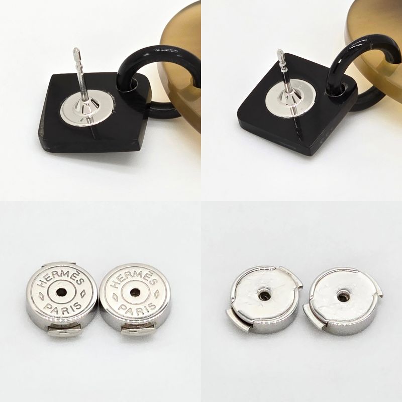 Hermes Earrings Ism Binaural Buffalo Horn Lacquer Brownish/silver Color Silver