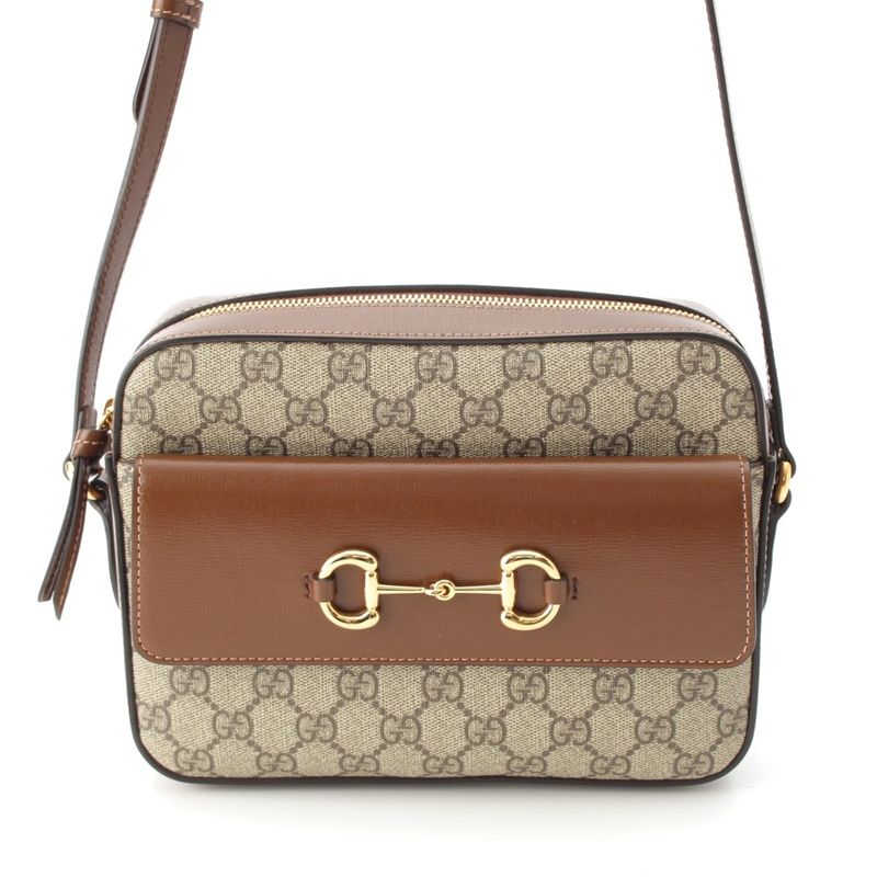 Gucci 1955 Horsebit GG Supreme Canvas Crossbody Gold Shoulder Bag 645454 Brown