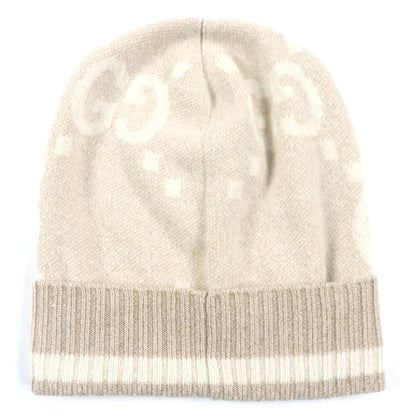 Gucci 765053 GG Cashmere Jacquard Cap Knit Hat Current Camel White M (57 21cm