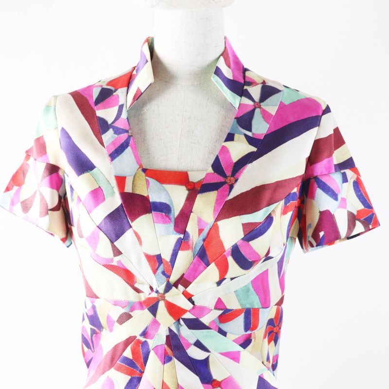 CHANEL P53088 16C 100% Silk Coco Mark Pattern Short Sleeve Dress Pink Blue Red
