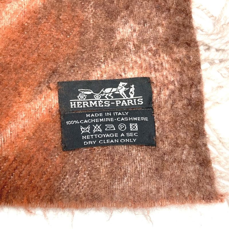Hermes Blanket Taiga Animal Fringe Plaid Cashmere Brown
