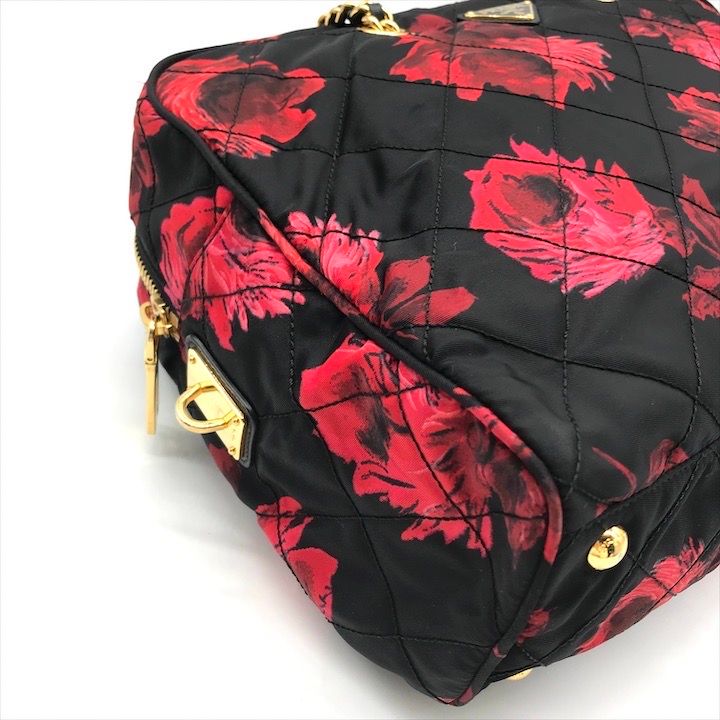 Prada Nylon Quilted Flower Boston Bag Black