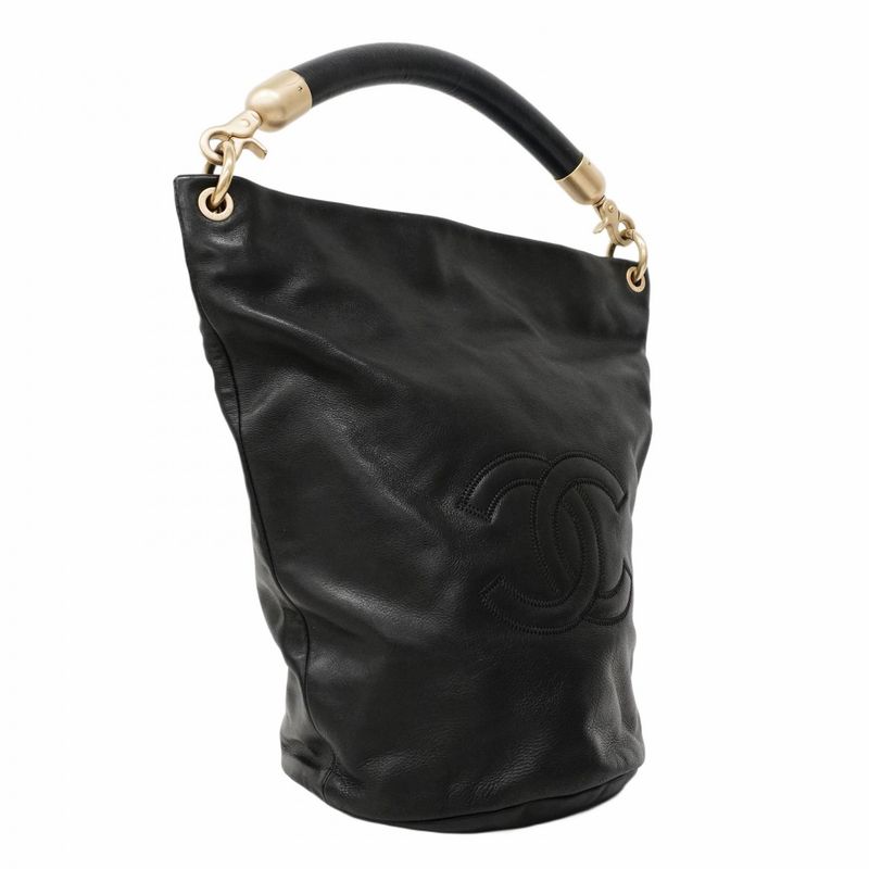 Chanel Shoulder Bag Leather Black Gold Hardware Women