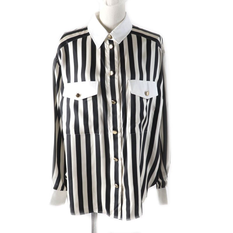 Saint Laurent Paris 2022 694156 100% Silk Striped Long Sleeve Shirt With Gold