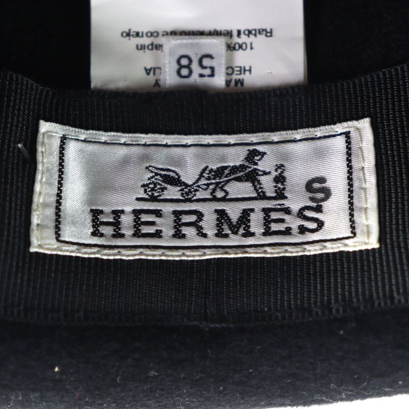 Hermes 100% Wool Hat With Ribbon Black 58 Men's Recommende