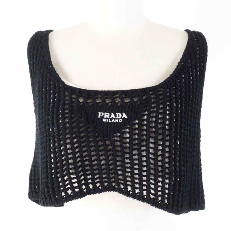 Prada 23SS P29980 Cotton Triangle Logo Embroidery Mesh Cropped Sleeveless Top/