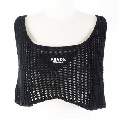 Prada 23SS P29980 Cotton Triangle Logo Embroidery Mesh Cropped Sleeveless Top/