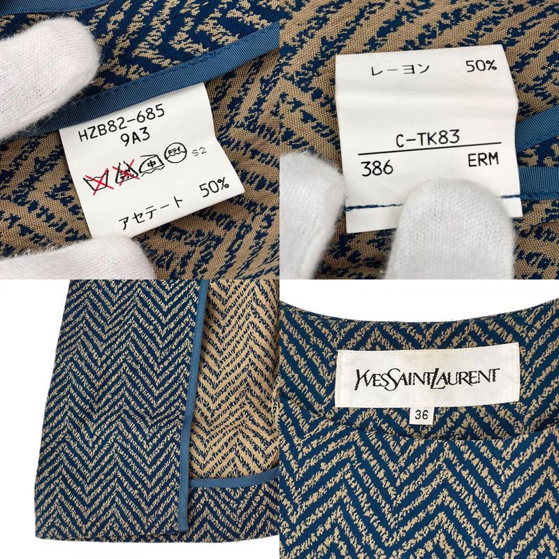 Yves Saint Laurent Ensemble 36 Acetate Rayon Green Beige Dress Jacket Herringbon