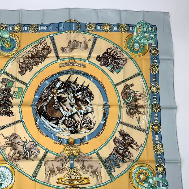Hermes Carre 90 Chevaux DE Trait Cart Horse Silk Scarf Blue