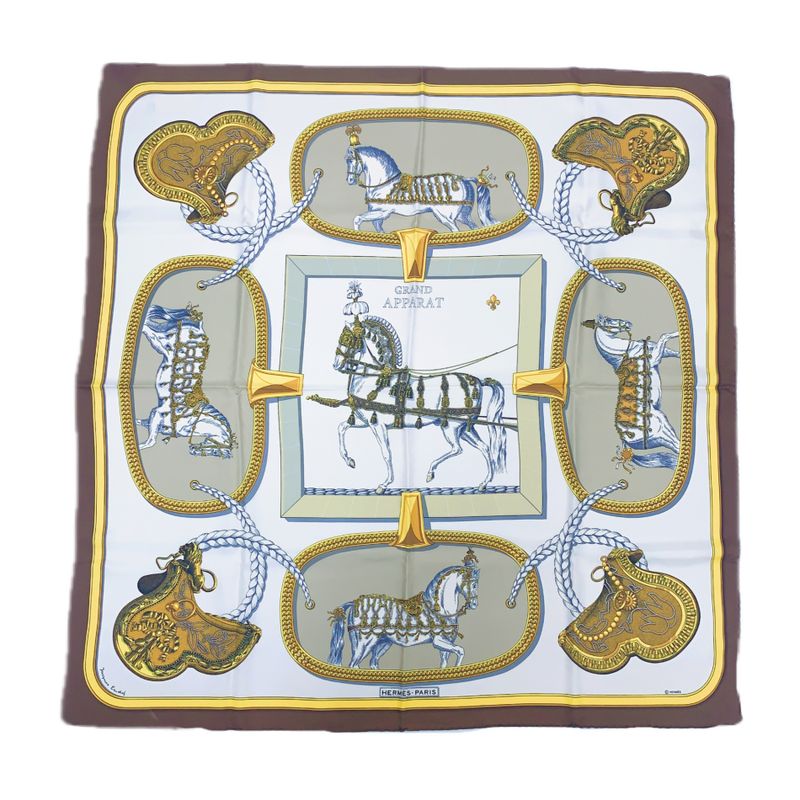 Hermes Carre 90 Grand Apparat Horse In Full Dress Brown X Gold X White Scarf