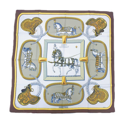 Hermes Carre 90 Grand Apparat Horse In Full Dress Brown X Gold X White Scarf