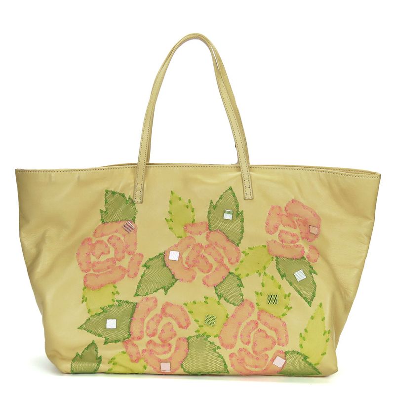 Fendi Tote Roll Bag Leather Beige Pink Green Silver Hardware Shoulder Floral A4