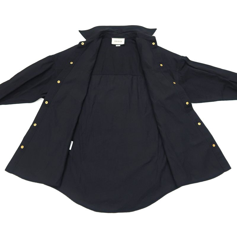 Gucci Long Sleeve Shirt Gold Logo 40 595268 BK Gold Button Back Print