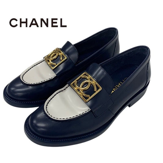 Chanel Loafer Leather Shoes Leather Navy White Gold Here Mark