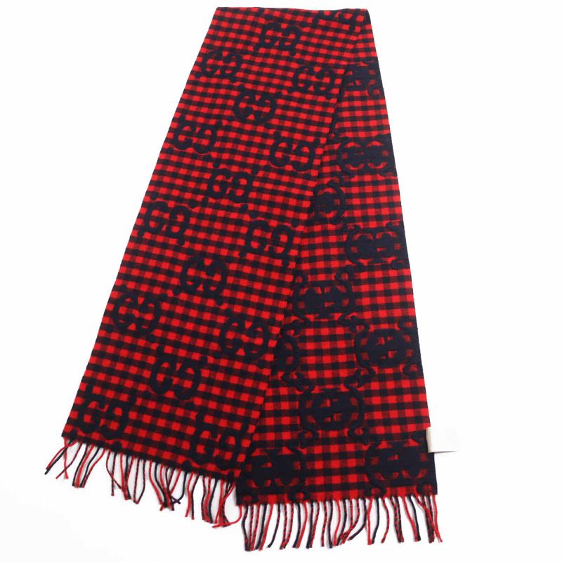 Gucci 644365 Wool Jumbo GG Checked Jacquard Scarf With Fringe Red Black 240 X