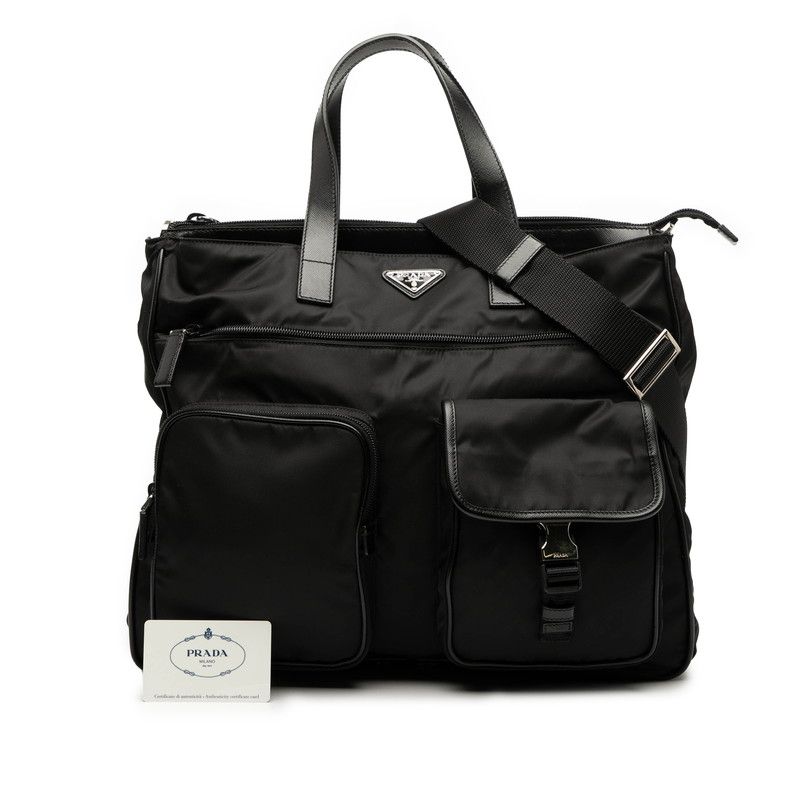 Prada Triangle Logo Plate Tote Shoulder Bag 2WAY Va0610 Black Nylon Leather