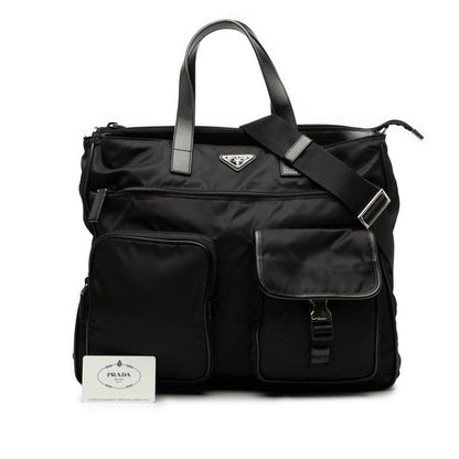 Prada Triangle Logo Plate Tote Shoulder Bag 2WAY Va0610 Black Nylon Leather