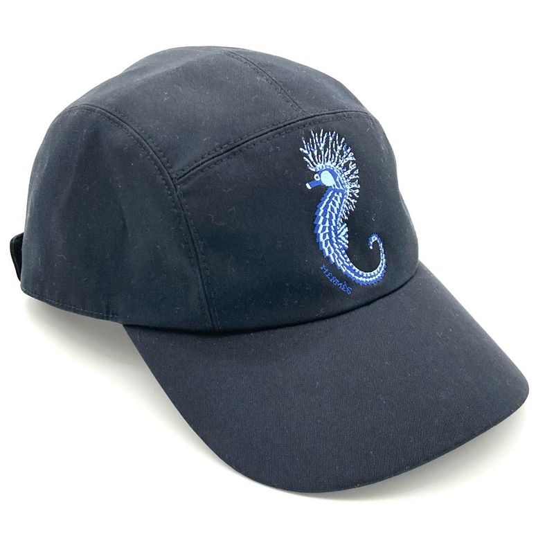 Hermes Nevada Seahorse 59 Cap Cotton Polyurethane Navy Men's