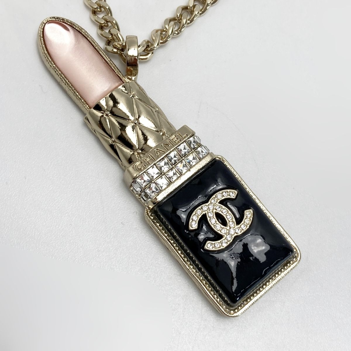 Chanel Cocomark Lip Charm Necklace A22/c Gold Metal Rhinestone Long Necklace