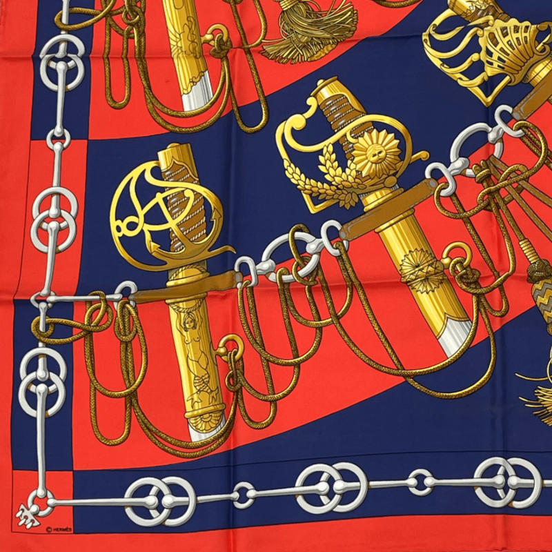 Hermes Scarf Carre 90 Cliquetis Camicie Sword Pattern Navy Red Gold Silk