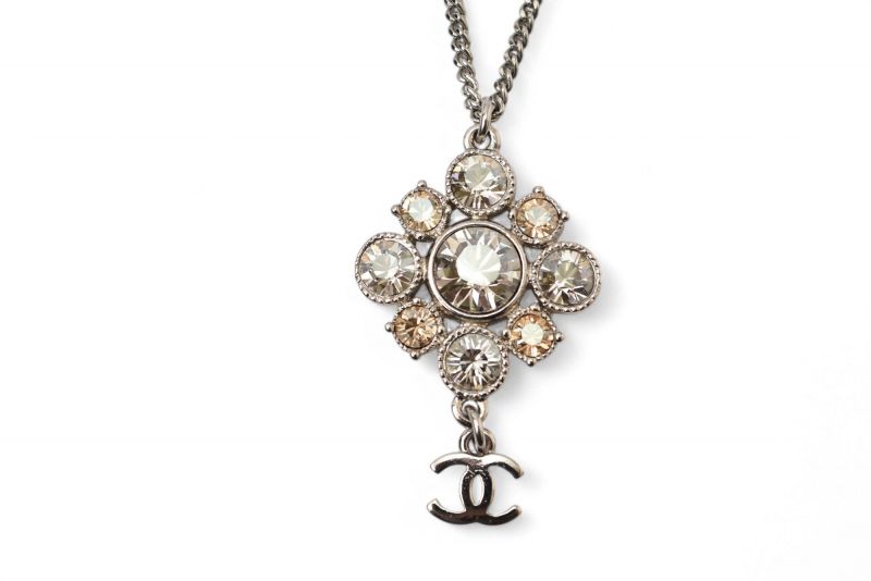Chanel Necklace Pendant 2way Chanel Coco Mark CC Rhinestone Silver A12V