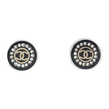 Chanel CC Round 17A Earrings Rhinestone Black Silver Hardware Ladies [AB Rank]