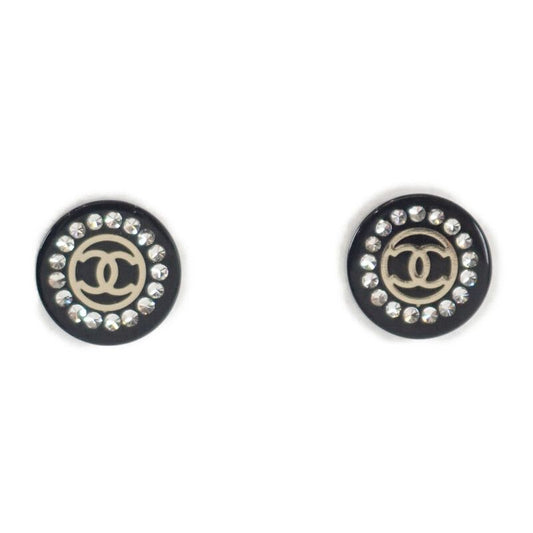 Chanel CC Round 17A Earrings Rhinestone Black Silver Hardware Ladies [AB Rank]