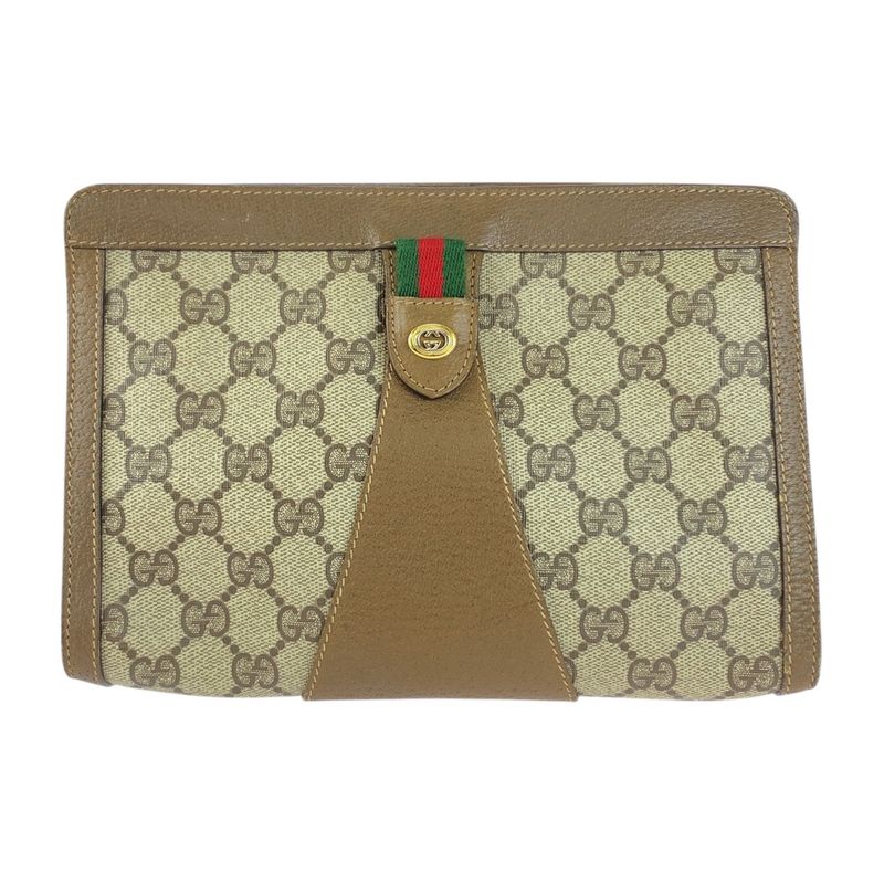 Gucci Vintage Old Gucci Sherry Line Brown GG Supreme Canvas Clutch Bag Second