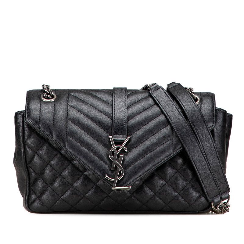 Saint Laurent Satchel Small YSL Logo Chain Shoulder Bag Handbag Black Leather