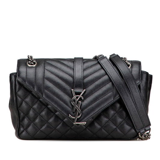 Saint Laurent Satchel Small YSL Logo Chain Shoulder Bag Handbag Black Leather