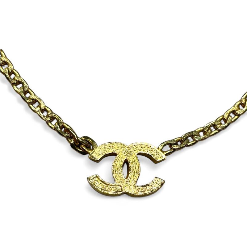 Chanel 3312 Engraved 70s Vintage Rhinestone Coco Mark Necklace Women's Gold