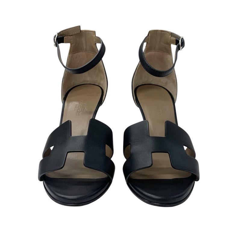 Hermes Legend Sandals Shoes Leather Black Wedge Sole Ankle Strap