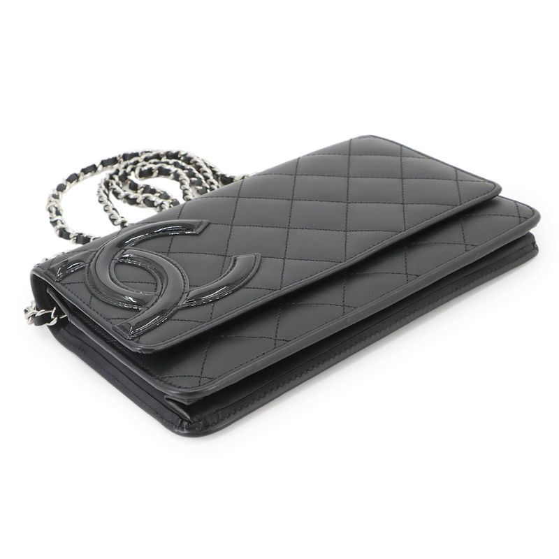 Chanel Cambon Line Chain Wallet Foldable Long Wallet Leather Enamel Black