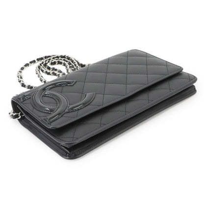 Chanel Cambon Line Chain Wallet Foldable Long Wallet Leather Enamel Black