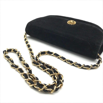 Chanel CC Logo Half Moon Velour Push Lock Chain Shoulder Bag Black