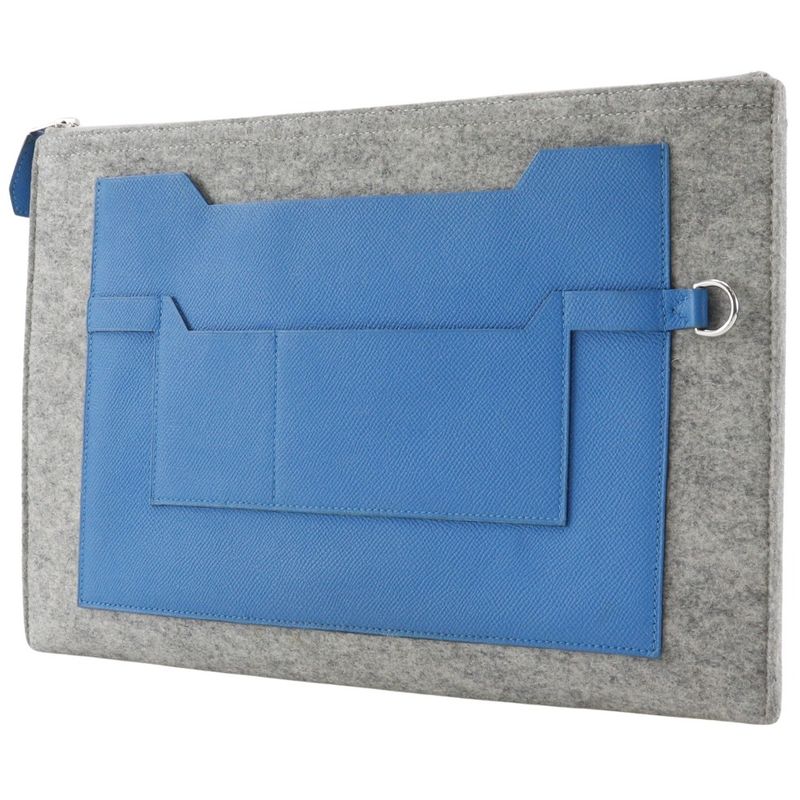 Hermes Toudou 37 Felt And Vaux Epson Blue Zanzibar Blue/gray A Unisex Clutch Bag