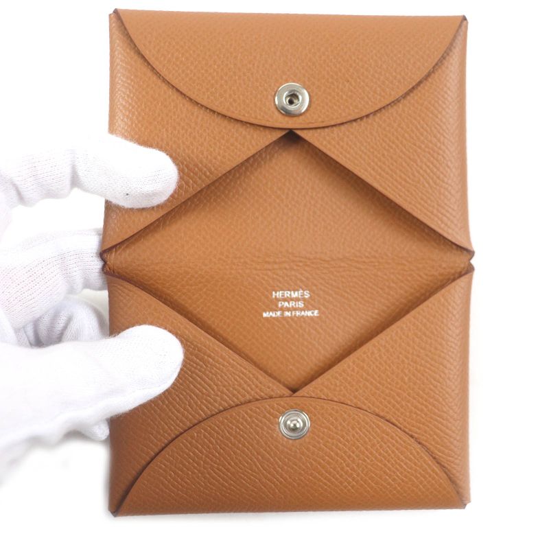 Hermes Calvi Vaux Epson Leather Card Case Coin Case Wallet Gold With Z Box Made