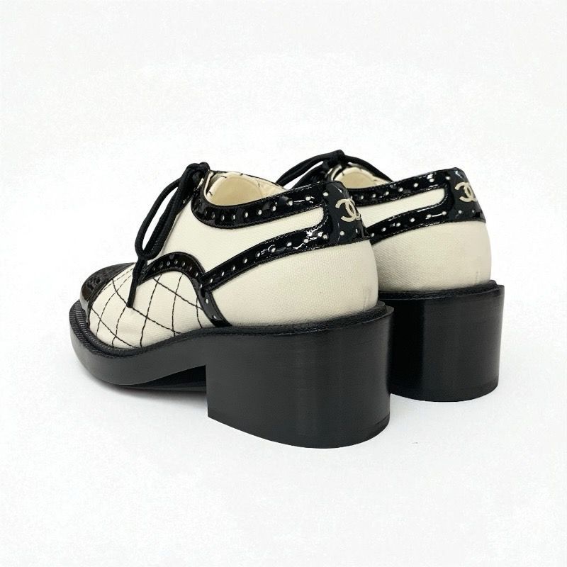 Chanel Loafers Leather Shoes Patent Fabric White Black Here Mark Lace Up Shoes