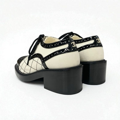 Chanel Loafers Leather Shoes Patent Fabric White Black Here Mark Lace Up Shoes