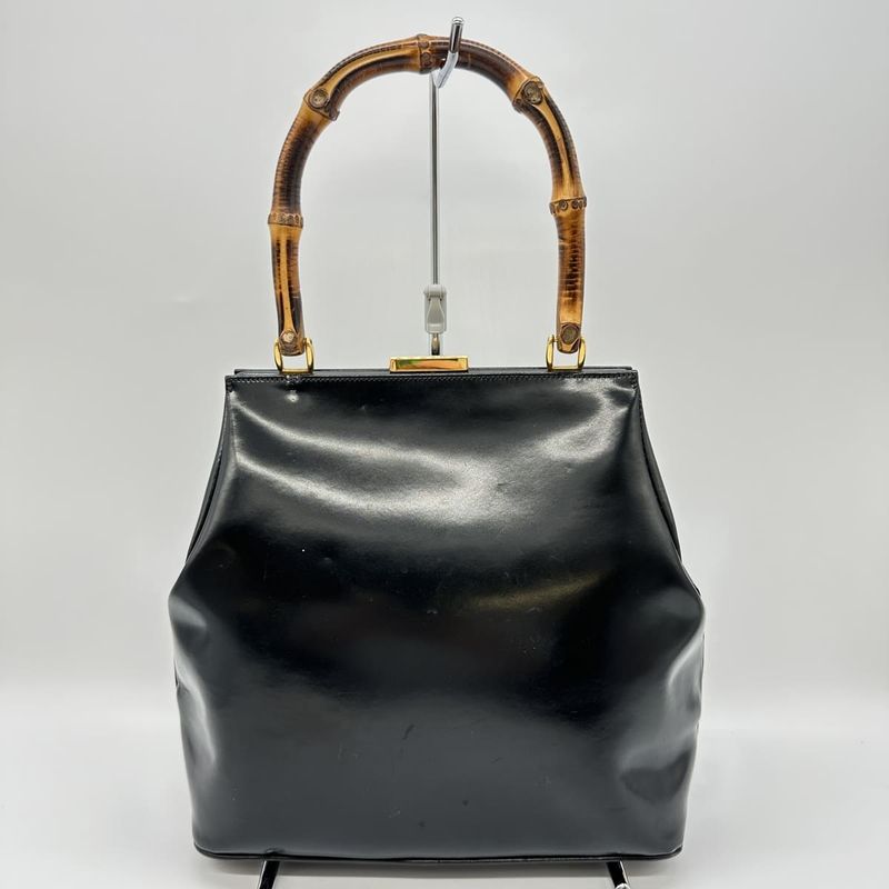 Gucci 000-781 Handbag Black Leather Bamboo Women Men Vintage Fashion  Gift