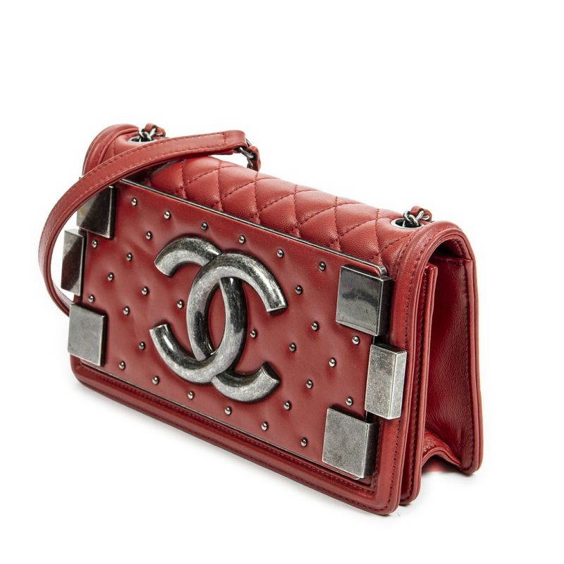 Chanel Studded Horizontal Boy Brick Flap Red Matelasse Lambskin Leather A