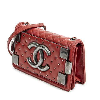 Chanel Studded Horizontal Boy Brick Flap Red Matelasse Lambskin Leather A