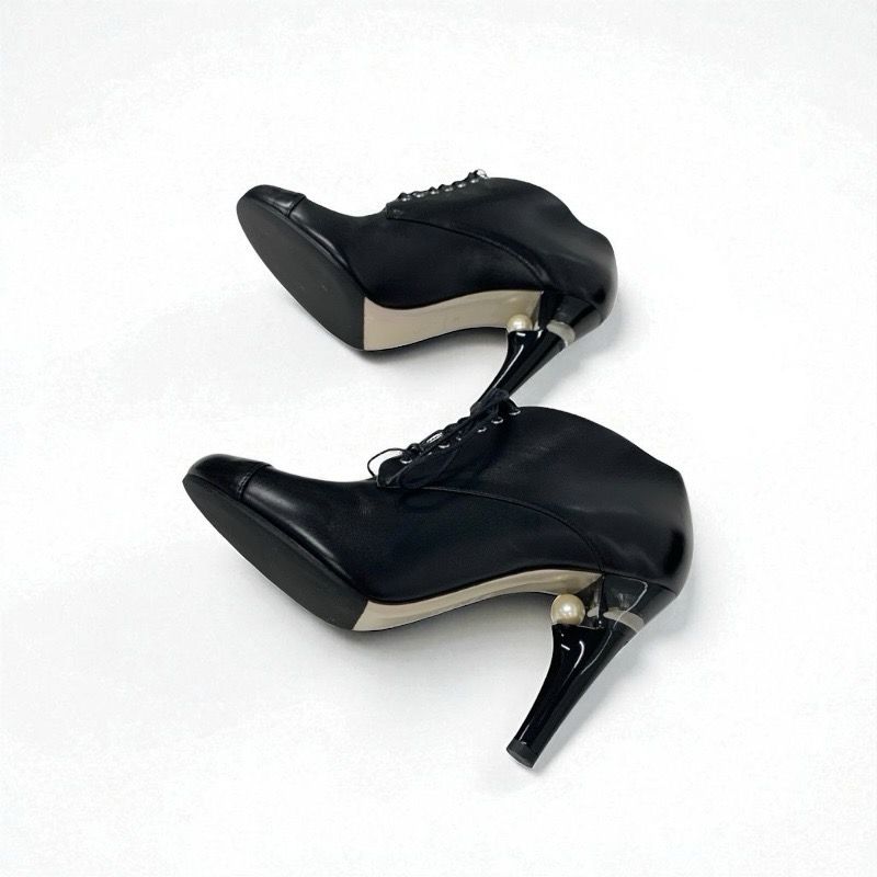 Chanel Boots Short Boots Shoes Leather Black Lace Up Pearl Booties