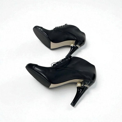Chanel Boots Short Boots Shoes Leather Black Lace Up Pearl Booties