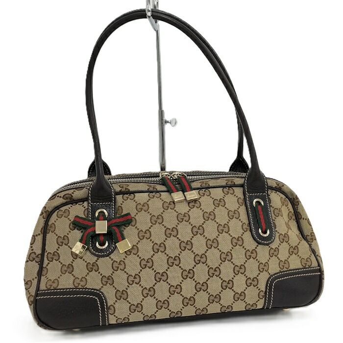 Gucci Shoulder Bag Sherry Line GG Canvas Leather Beige Dark Brown 161720