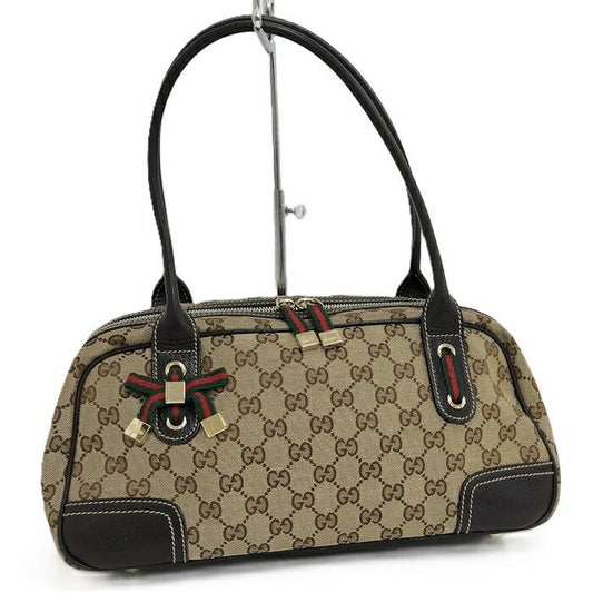 Gucci Shoulder Bag Sherry Line GG Canvas Leather Beige Dark Brown 161720