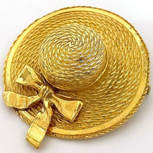 Chanel Straw Hat Brooch Gold Rare Excellent Condition GP Used