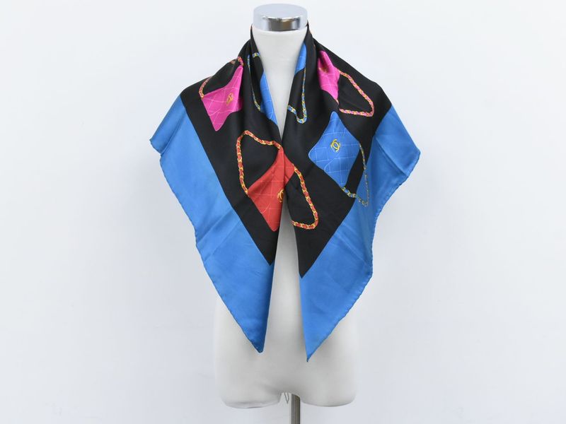 Authentic Chanel Bag Motif Scarf Shawl Bandana Silk Blue Black Multicolor