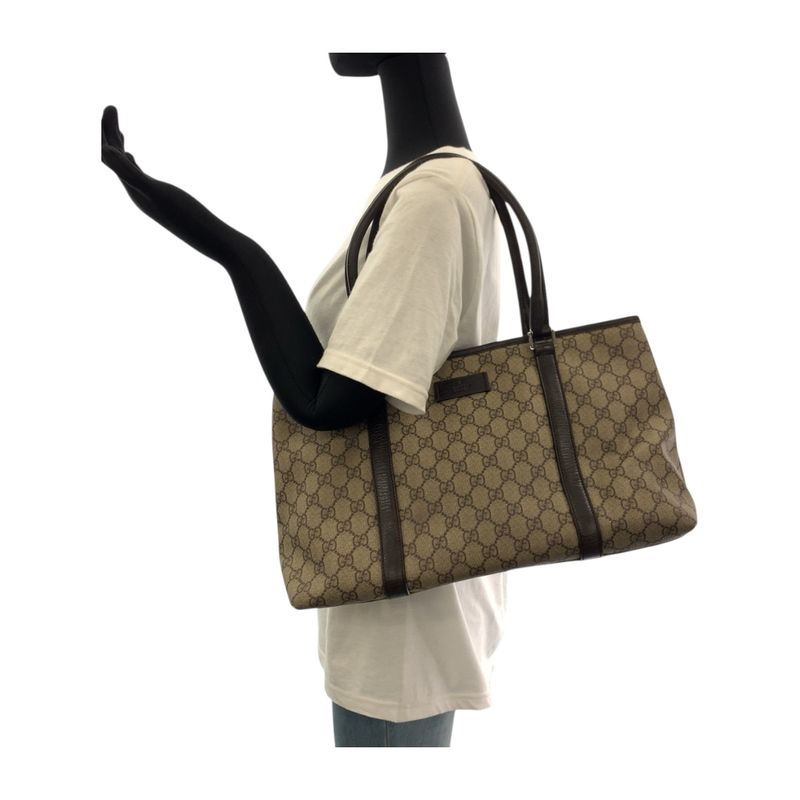 Gucci Beige Brown Silver Hardware GG Supreme Canvas 114595 Tote Bag Shoulder